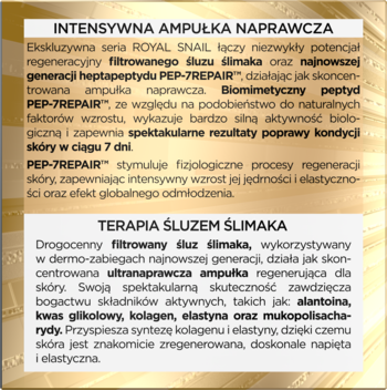 Opis kremu Royal Snail: tekst o peptydzie PEP-7REPAIR™ i śluzie ślimaka na złotym tle, bliskie ujęcie.