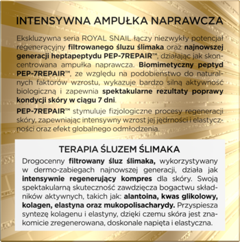 Ulotka Eveline Royal Snail na złotym tle, opis ampułki naprawczej z peptydem PEP-7REPAIR™ i śluzem.