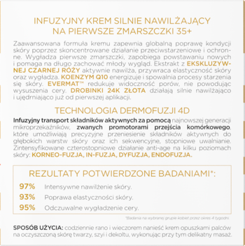 Tekst: Krem nawilżający 35+ na zmarszczki. Technologia Dermofuzji 4D, czarna róża, Q10, 24K złoto.