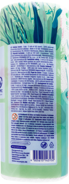 Tył opakowania rolek kuchennych z motywem roślinnym, widoczny kod kreskowy, recykling i informacje o produkcie.