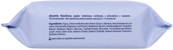 Tył błękitnego opakowania uzupełniającego nawilżany papier toaletowy Alouette Rumianek, z tekstem składników.
