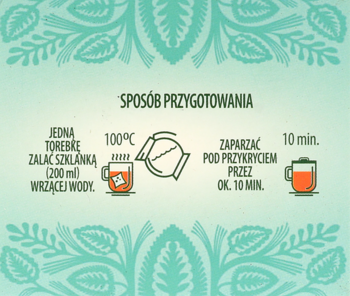 Szczegółowa instrukcja przygotowania herbatki miętowej: zalać 200ml wrzątku (100°C), zaparzać 10 min.