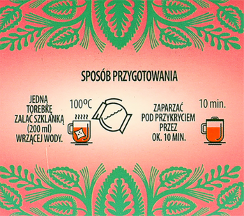 Graficzna instrukcja parzenia melisy: 1 torebka, 100°C, 200 ml wody, zaparzać 10 min pod przykryciem.