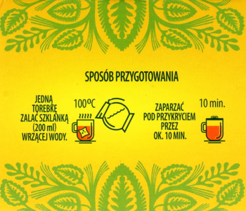 Tył opakowania: instrukcja przygotowania herbaty ziołowej. Zalać 1 torebkę 200 ml 100°C wody, parzyć 10 min.