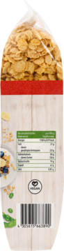Tył opakowania wegańskich płatków sojowych enerBiO. Widać tabelę wartości odżywczych, logo VEGAN i kod kreskowy.