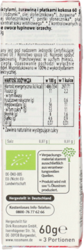 Tył opakowania enerBio Kuleczki owocowe 60g z informacjami o wartościach odżywczych i certyfikacją bio.