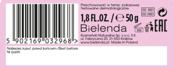 Tył różowego opakowania masełka do rąk Bielenda 50g, z kodem kreskowym i datą ważności.