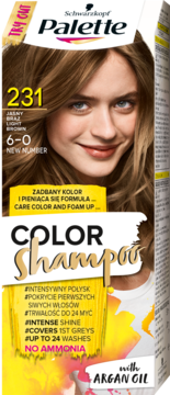 Opakowanie Schwarzkopf Palette Color Shampoo 231 Jasny Brąz z modelką, bez amoniaku, widok z przodu.