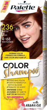 Schwarzkopf Palette Color Shampoo 236 Kasztan. Opakowanie z modelką, info: bez amoniaku, z olejem arganowym.