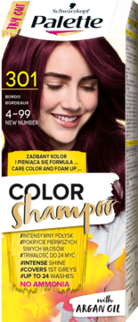 Schwarzkopf Palette Color Shampoo 301 Bordowy, opakowanie z modelką i olejkiem arganowym, bez amoniaku.