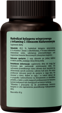 Ciemna butelka suplementu Hydrolizat kolagenu z wit. C i kwasem hialuronowym, tył z zieloną etykietą.