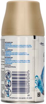 Glade® automatic spray Ocean Adventure™: tylne ujęcie białej obudowy ze złotym wierzchem, widoczny kod kreskowy i instrukcje.