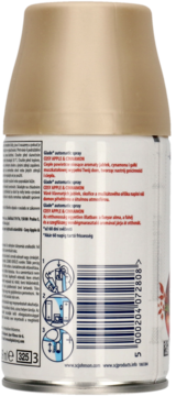 Tył odświeżacza Glade Crisp Apple & Cinnamon, biało-złota puszka z instrukcją użycia i kodem kreskowym.