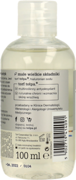 Tył butelki dermokosmetyku Tołpa 100 ml, płynu do demakijażu ze składnikami torf Tołpa i hialuronian sodu.