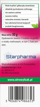 Zdrowy Lizak Starpharma, tył różowego opakowania z listą cech: bez cukru, bezglutenowy, malinowy smak.