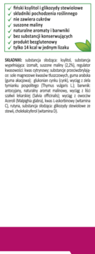 Fragment opakowania Zdrowego Lizaka: zielone checkboxy z cechami i detale składu, m.in. ksylitol, witaminy.