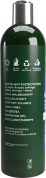 Tył ciemnozielonego szamponu Mysterium z kwasem hialuronowym, widoczne składniki i ikony: vegan, recykling.