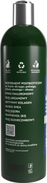 Tył ciemnozielonej butelki maski Mysterium z kwasem hialuronowym, widoczne składniki i certyfikaty.