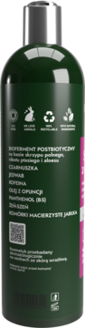Tył ciemnozielonej butelki szamponu Mysterium z czarnuszką, z listą składników i ikonami cruelty-free.
