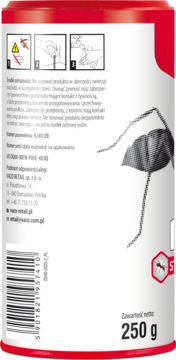Tył czerwono-białej puszki z proszkiem na mrówki, widoczne polskie instrukcje, kod kreskowy i masa 250g.