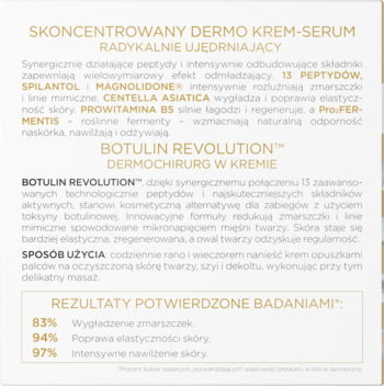 Panel z opisem kremu Christian Laurent Botulin Revolution: składniki aktywne, efekty, sposób użycia. Tekst na jasnym tle.