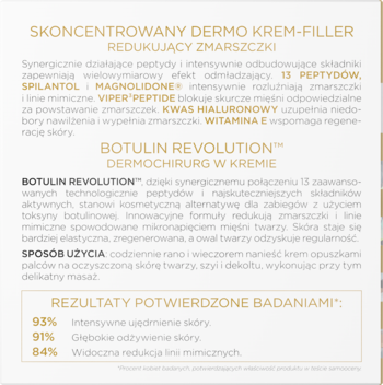 Zbliżenie na tekst etykiety kremu Botulin Revolution, opis składników: peptydy, kwas hialuronowy, efekty zmarszczki.