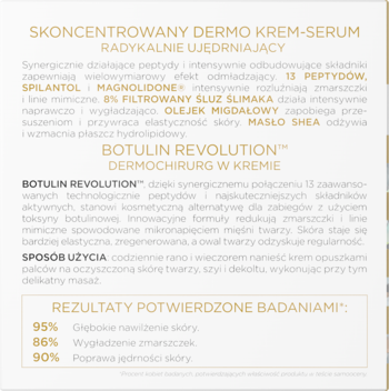 Skoncentrowany dermo krem-serum ujędrniający Botulin Revolution. Zbliżenie na opis składu i efekty.