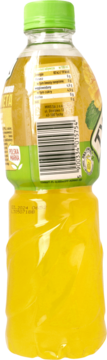 Tymbark mango-mięta, butelka, widok z tyłu z kodem kreskowym i etykietą. Napój z cukrem i słodzikiem.