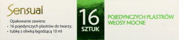 Front biało-zielonego opakowania plastrów Sensual do depilacji twarzy, 16 sztuk, z oliwką łagodzącą.