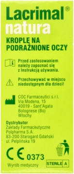 Front opakowania Lacrimal Natura krople na podrażnione oczy, jasnozielone, z tekstem i symbolami.