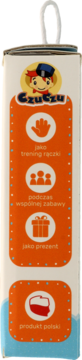 Pomarańczowy boczny panel opakowania Czuczu z ikonami: ręka (trening), grupa (zabawa), prezent, oraz napis produkt polski.