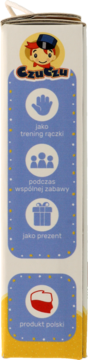 Bok pudełka Czuczu Poznaję Litery: niebieski panel z białymi ikonami ręki, ludzi, prezentu, flagi Polski.