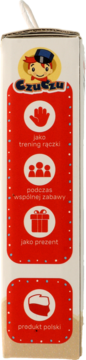 Bok opakowania Czuczu zabawy kreatywne. Ikony na czerwonych polach: trening rączki, wspólna zabawa, prezent, Produkt Polski.