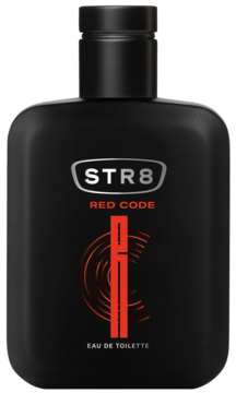 STR8 Red Code woda toaletowa dla mężczyzn, czarna butelka z matowym wykończeniem i czerwonym logo, widok z przodu.