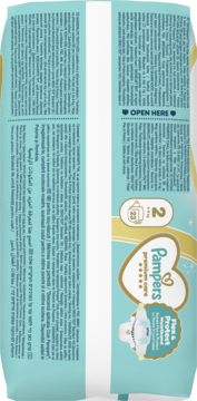 Tył opakowania Pampers Premium Care pieluszki rozm. 2 (4-8kg) z napisem "OPEN HERE" i "Flex & Protect".