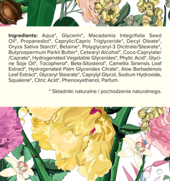 Krem SORAYA plante nawilżający, tył opakowania ze spisem naturalnych składników, m.in. Macadamia i Aloes.