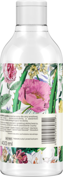 Tył butelki Soraya Plante delikatny płyn micelarny 400ml. Etykieta z różowymi kwiatami i zielonymi liśćmi aloesu.