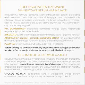 Christian Laurent Diamentowe Serum Napinające, opis składników aktywnych i technologii Dermofuzji 4D na białym tle.