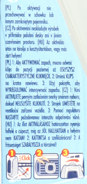 Biały odświeżacz powietrza samochodowego: instrukcje aktywacji klipsa i montażu na kratce wentylacyjnej, 3 ilustracje.