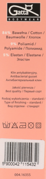 Pionowa etykieta Gatta Bodywear. Skład: 86% bawełny, 9% poliamidu, 5% elastanu, instrukcje prania, kod kreskowy.