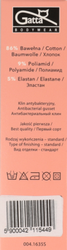 Etykieta produktu Gatta w kolorze łososiowym z logo, składem materiałowym (bawełna, poliamid, elastan) i symbolami prania.