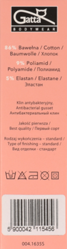 Łososiowa etykieta bielizny Gatta z logo kota, składem (86% bawełna, poliamid, elastan) i kodem kreskowym. Z przodu.