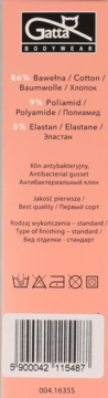Opakowanie majtek damskich Gatta Bodywear, brzoskwiniowe, z tekstem o składzie (86% bawełna) i kodem kreskowym.