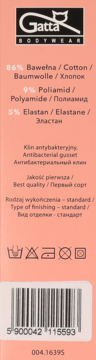 Różowa etykieta produktu Gatta BODYWEAR z logo kota, składem (86% bawełna), ikonami prania i kodem.