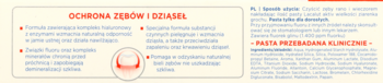 Grafika Lacalut Activ prezentująca ochronę zębów i dziąseł, skład pasty i kliniczne badania. Tekst na jasnym tle.