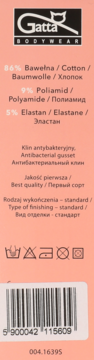 Różowa etykieta Gatta Bodywear ze składem: 86% bawełna, 9% poliamid, 5% elastan, widok z przodu.