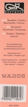 Etykieta produktu Gatta BODYWEAR (stringi damskie), brzoskwiniowe tło, skład: 86% bawełna, symbole prania.