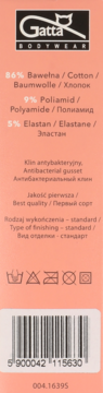 Pionowa etykieta Gatta: damskie stringi z 86% bawełny, 9% poliamidu, 5% elastanu, opis składu i pielęgnacji.