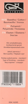 Brzoskwiniowa etykieta Gatta BODYWEAR dla stringów. Skład: bawełna, poliamid, elastan. Info o klinie antybakteryjnym, kod.
