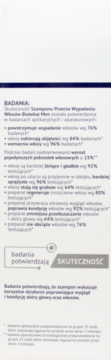 Tył opakowania szamponu Biotebal Men, sekcja Badania, z listą wyników potwierdzających skuteczność.